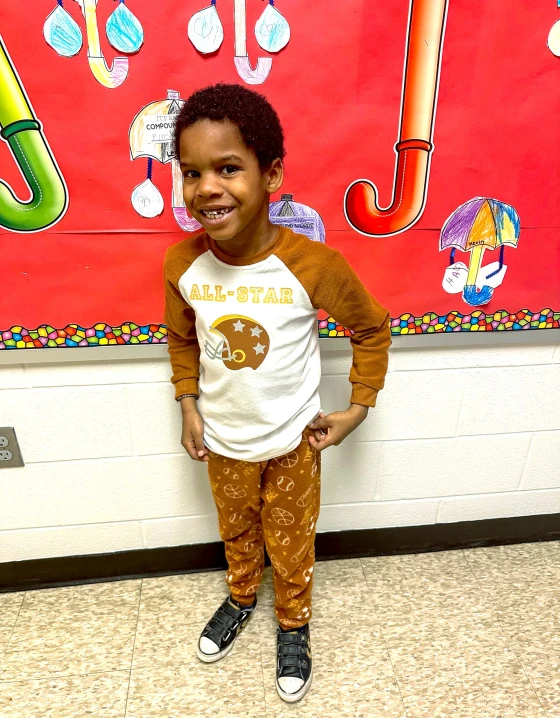 Little Levi sporting his new pajamas on Pajama Day 